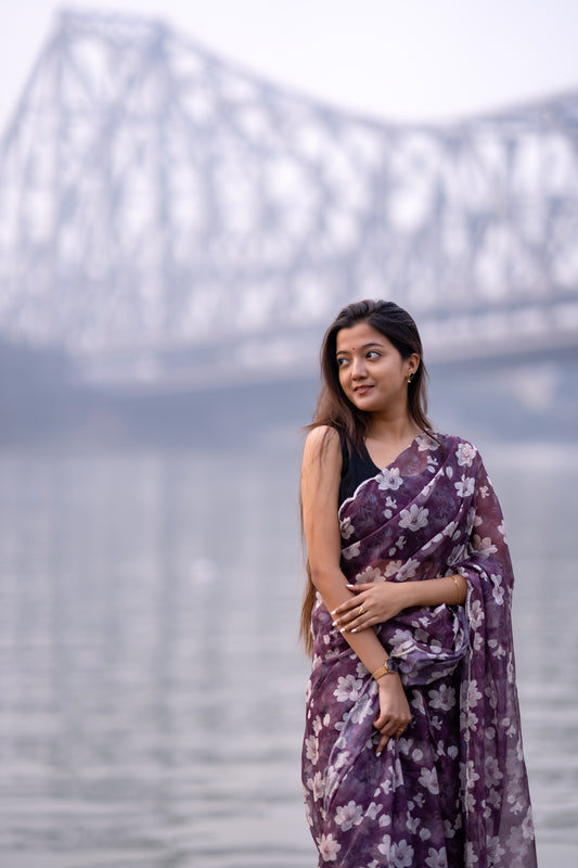 Purple Daisy Pure Tabby Silk Saree with Floral Digital Print