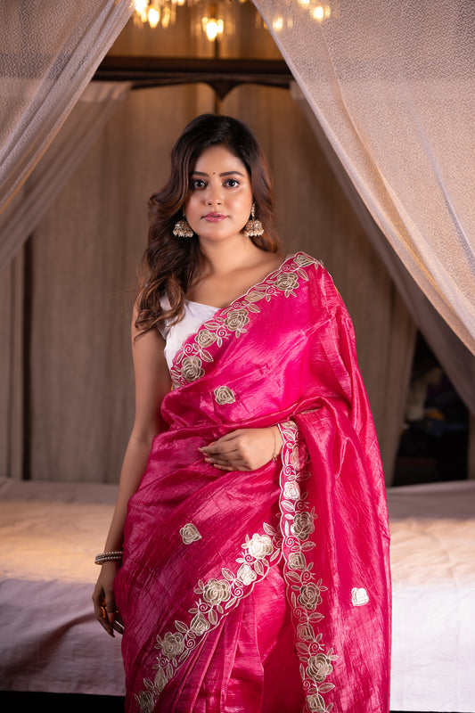 Rani Pink Gulab Silk Tissue Saree with Zari Embroidery