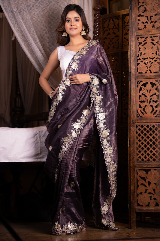 Pretty Purple Gulab Silk Tissue Saree with Zari Embroidery