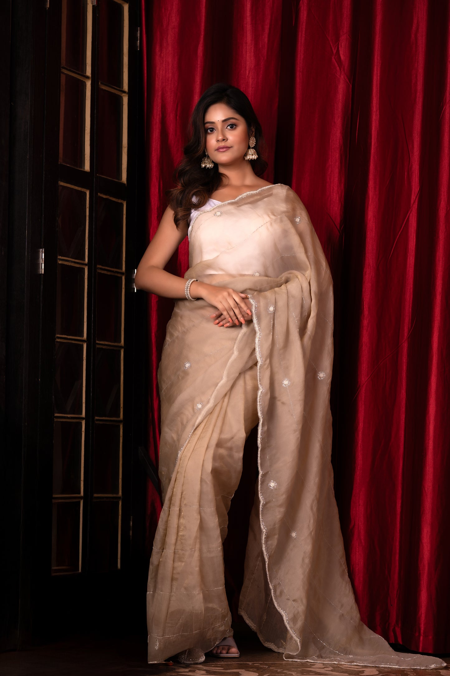 Beige Senorita Tabby Silk Saree with Pearl & Stone Handwork