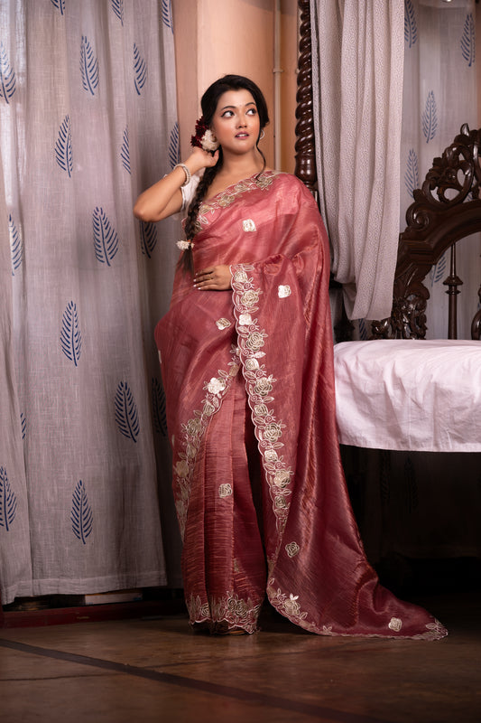 Rose Gold Gulab Silk Tissue Saree with Zari Embroidery