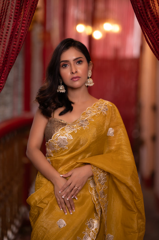 Majestic Yellow Gulab Silk Tissue Saree with Zari Embroidery