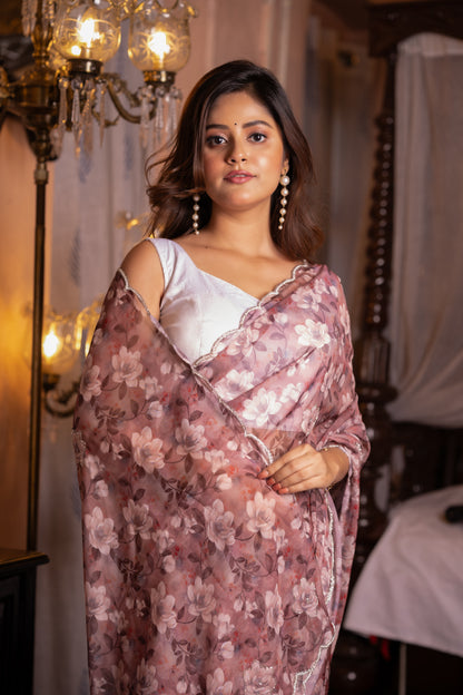 Brown Daisy Pure Tabby Silk Saree with Floral Digital Print