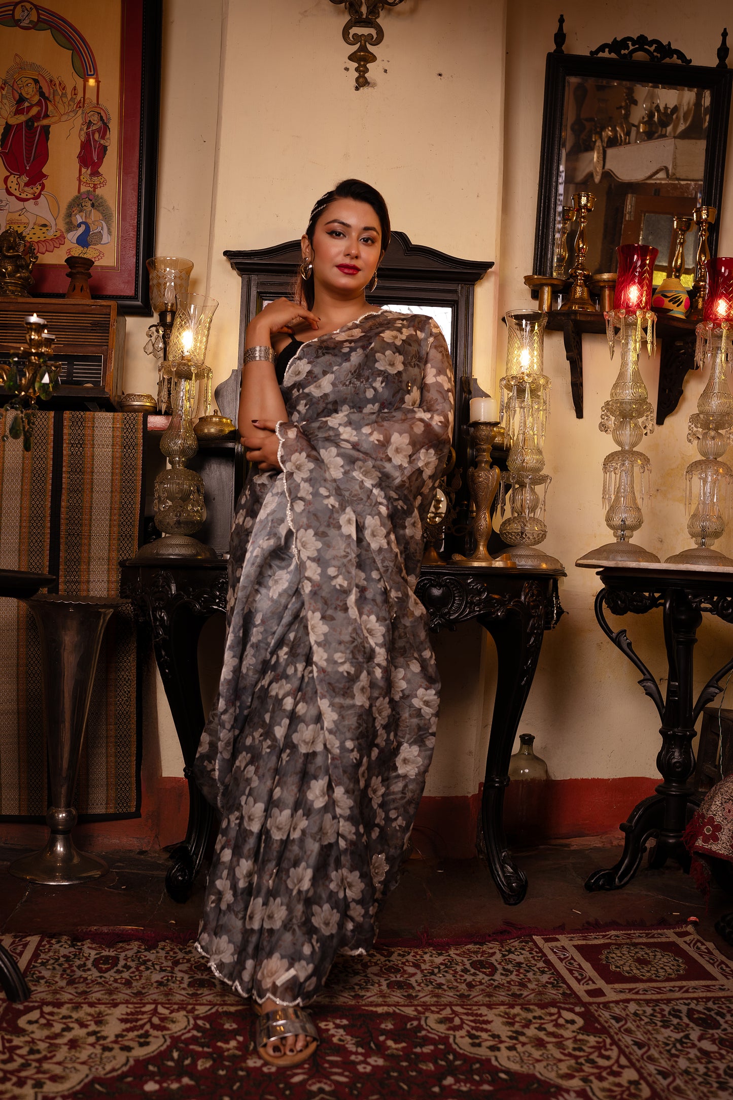Grey Daisy Pure Tabby Silk Saree with Floral Digital Print