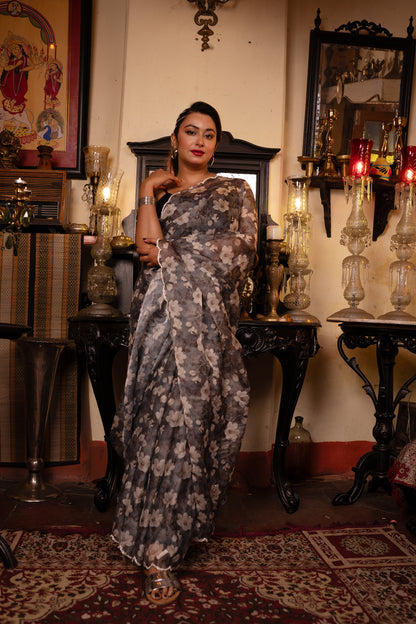 Grey Daisy Pure Tabby Silk Saree with Floral Digital Print