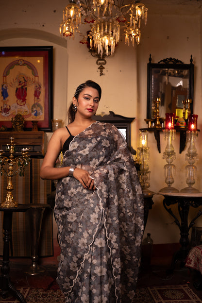 Grey Daisy Pure Tabby Silk Saree with Floral Digital Print