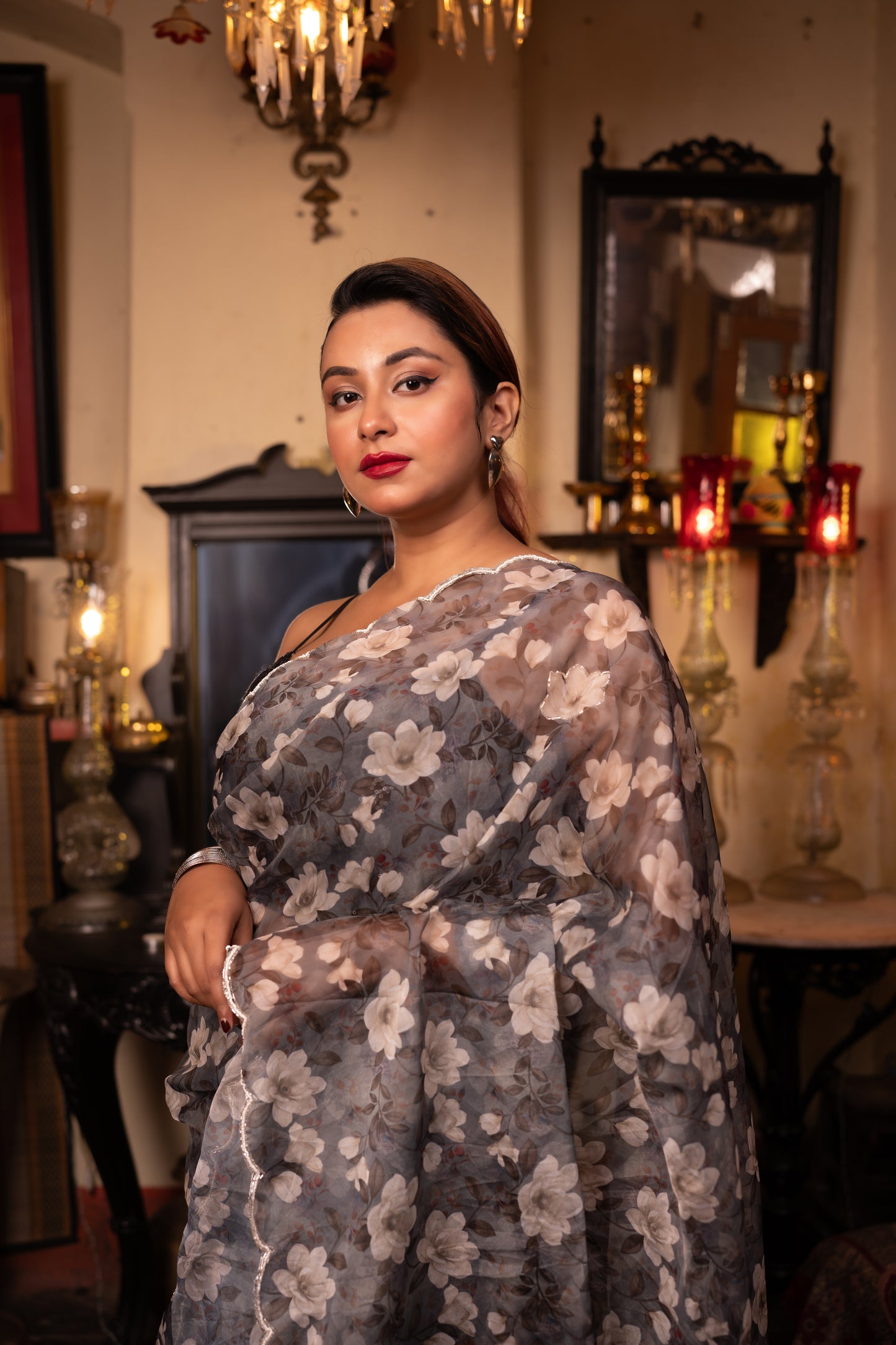 Grey Daisy Pure Tabby Silk Saree with Floral Digital Print