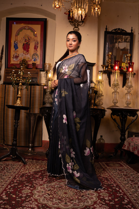 Moonflower Tabby Silk Saree with Digital Print & Handwork