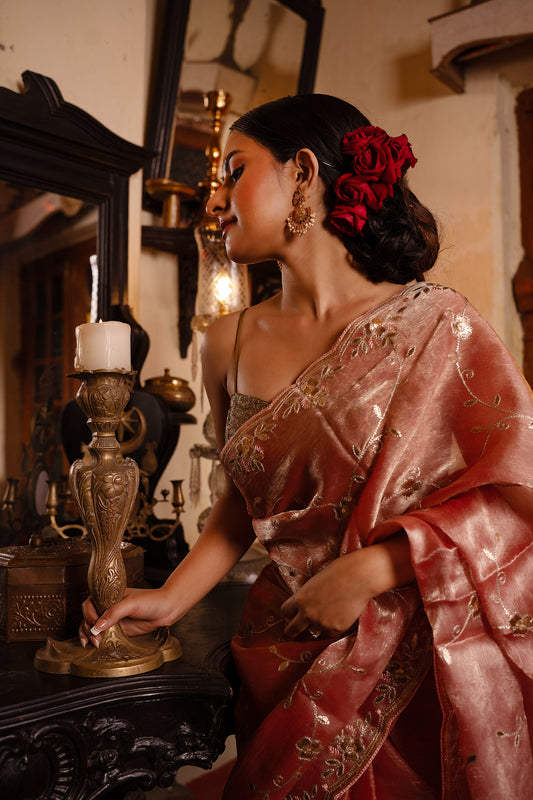 Peachy Orange Roop Silk Tissue Saree with Gotapatti Handwork