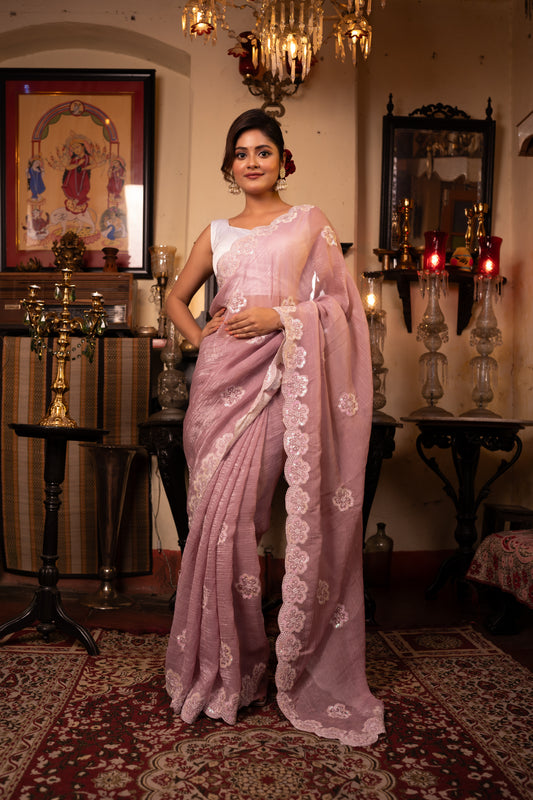 Pink Florita Tissue Silk Saree with Chikankari Handwork