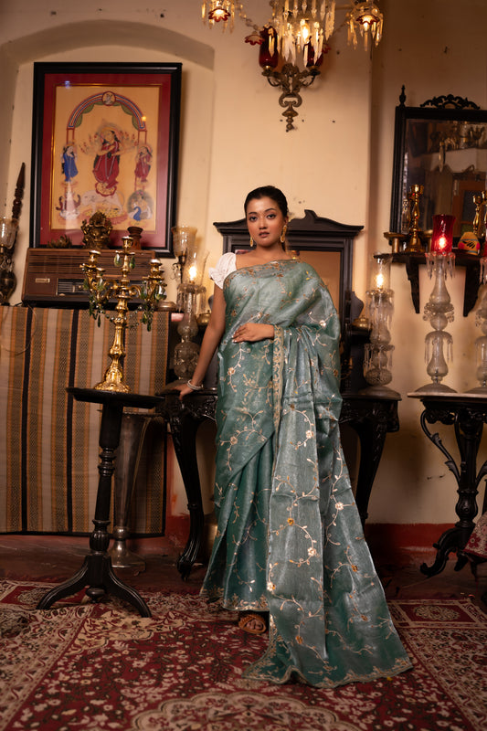 Cerulean Blue Roop Silk Tissue Saree with Gotapatti Handwork