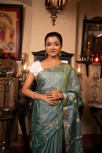 Cerulean Blue Roop Silk Tissue Saree with Gotapatti Handwork