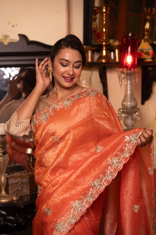 Orange Gulab Silk Tissue Saree with Zari Embroidery