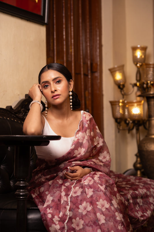 Purple Dusty Pink Daisy Pure Tabby Silk Saree with Floral Digital Print